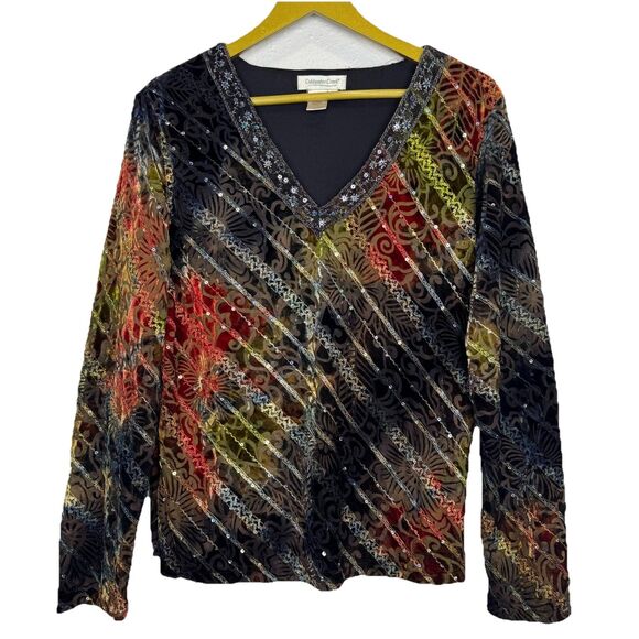 Coldwater Creek Velvet Burnout Sequins Floral Top M Fairy Whimsigoth Grunge Y2K - Picture 1 of 9